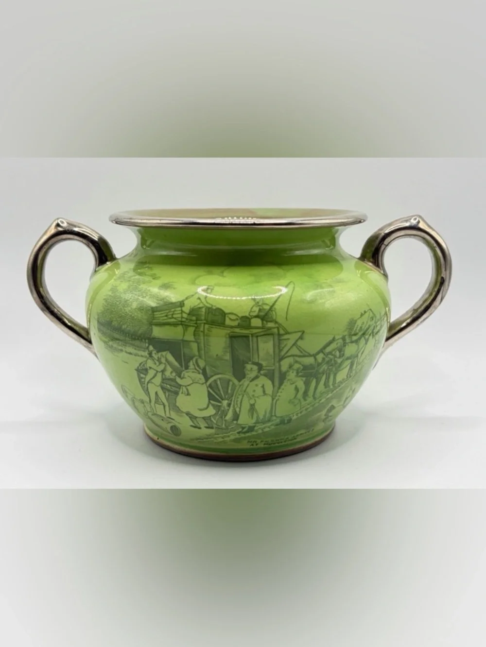 M&M Altho Ware Sports & Pastime Green Glazed Ceramic Vase Sugar Bowl, 1920/30s